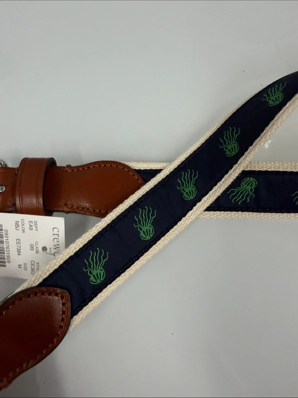 Crewcuts Navy Jellyfish Ribbon Belt with Brown Leather Trim M new